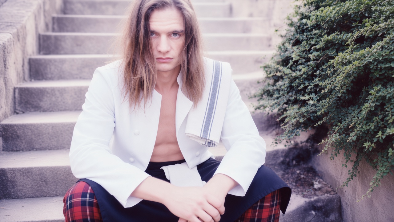 David on stone steps in a white chef's jacket with a tea towel over his shoulder
